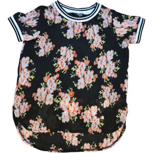 GUESS Kids S 7/8 Floral Mesh Jersey Top Girls Black Pink Sporty Sheer Tee Y2K